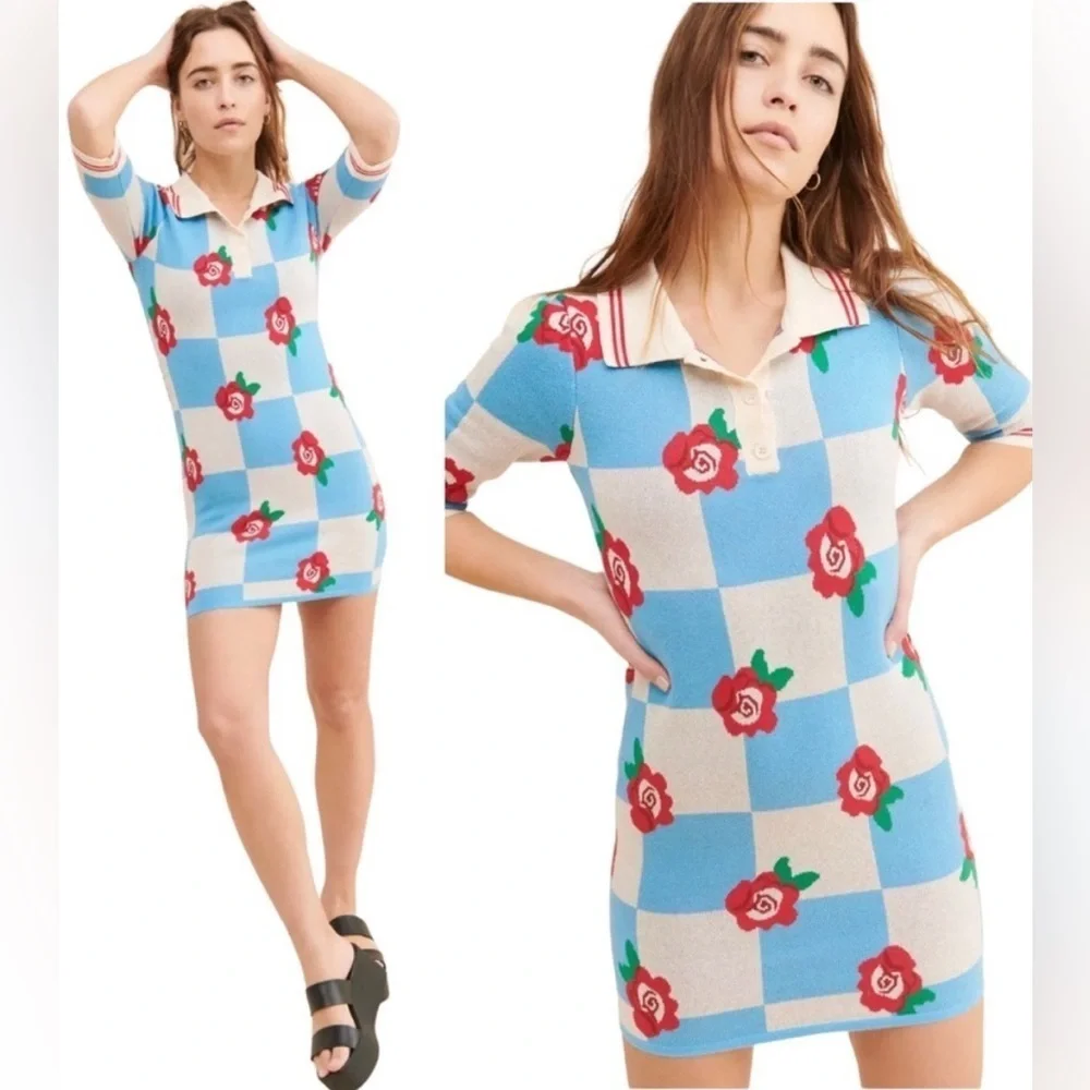 NWT Glamorous For Free People Checkerboard Roses Collared Knit Mini Dress